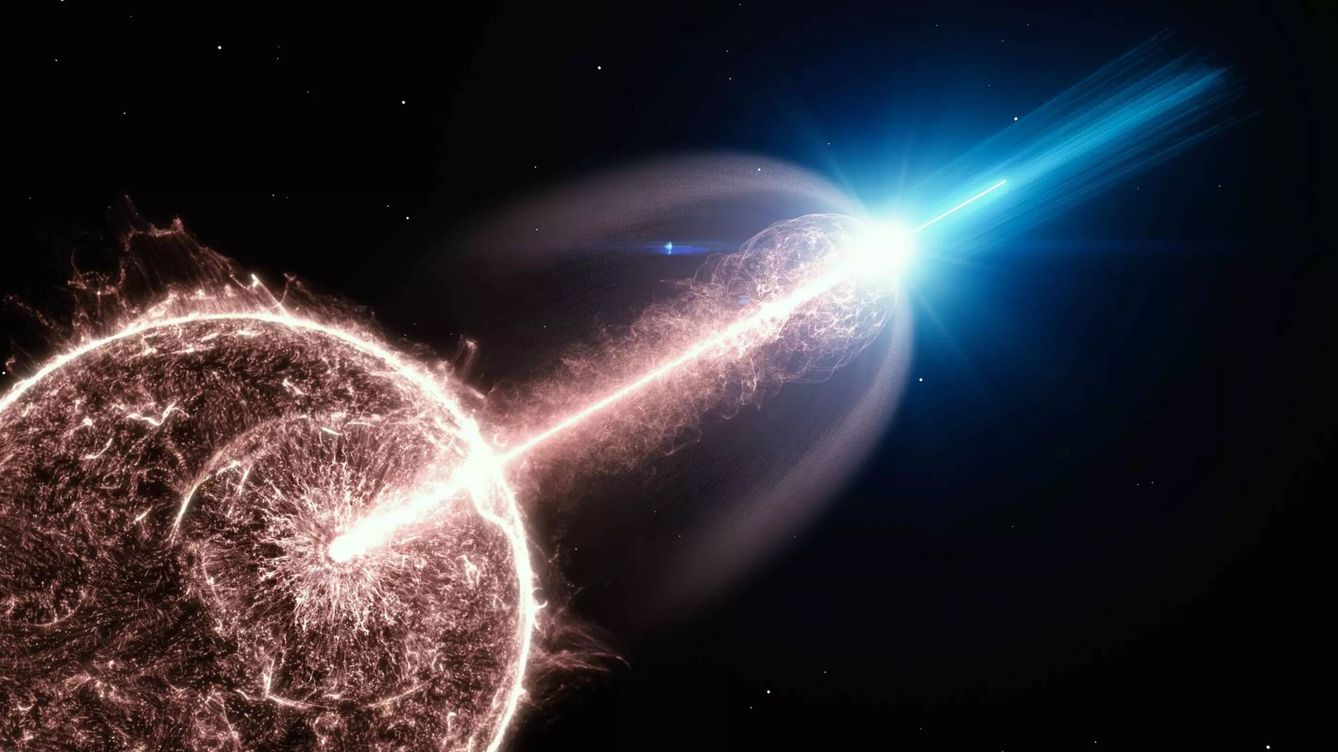 Foto: Ilustración de un estallido de rayos gamma en el espacio exterior. (Deutsches Elektronen-Synchrotron DESY)