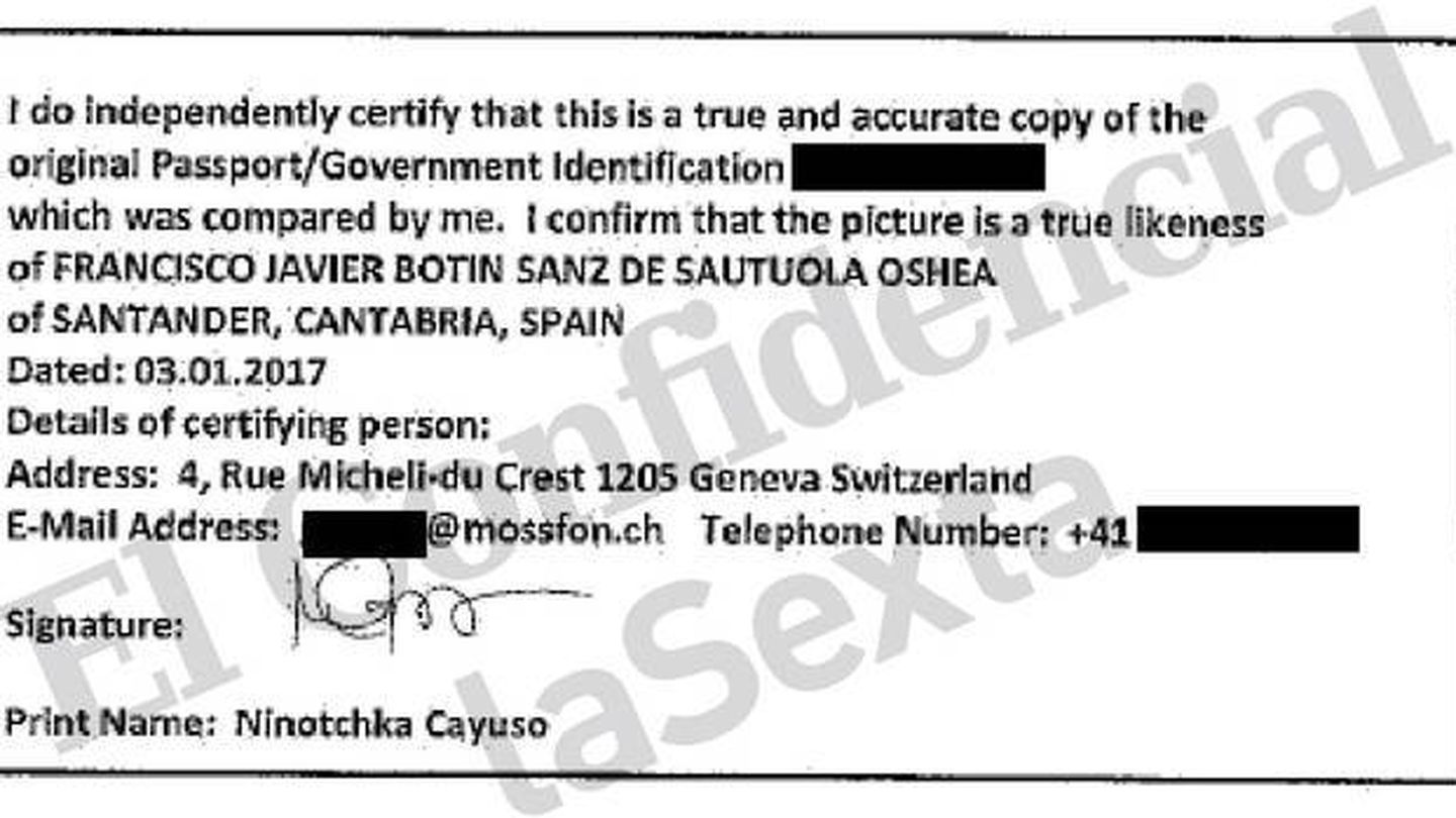 Certificación del DNI de Javier Botín por una responsable de Mossack Fonseca Ginebra.
