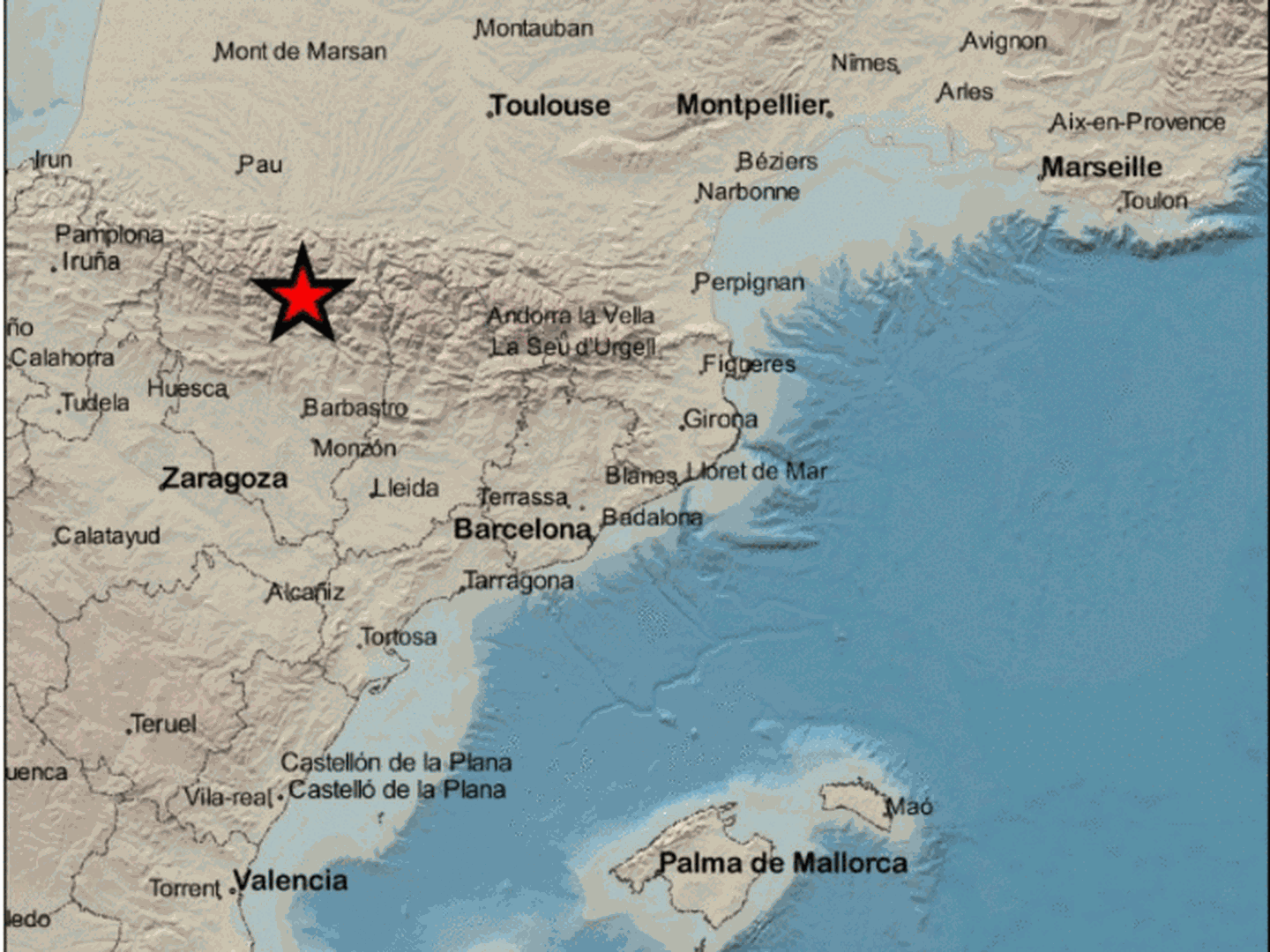 Epicentro del terremoto en las proximidades de Bielsa. (IGN)