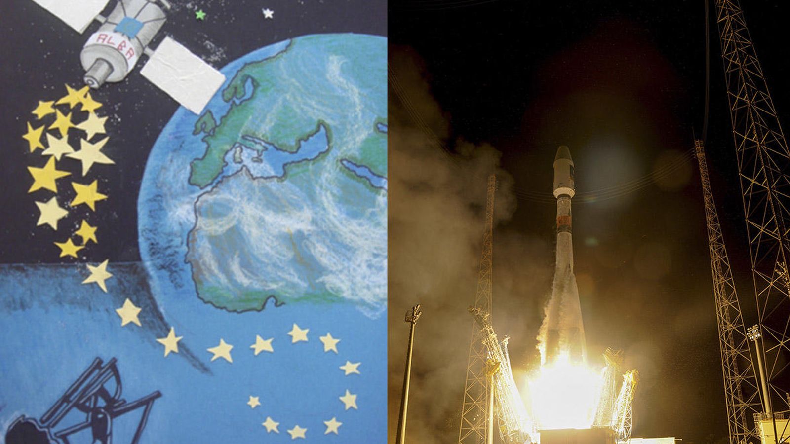 Foto: A la derecha, el dibujo con el que Alba Navarro ganó el concurso infantil impulsado por la Comisión Europea; a la izquierda, el lanzamiento del satélite que lleva el nombre de la joven. 