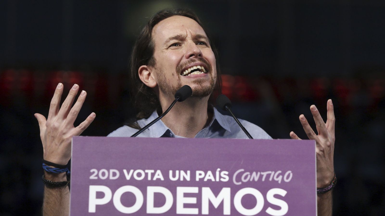 Foto: El líder de Podemos este domingo en un acto de campaña celebrado en la Caja Mágica de Madrid. (Efe) 