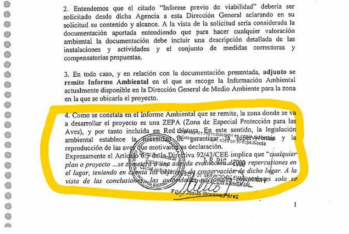 Documento de 2005 en el que la Junta reconoce la existencia de la ZEPA en Valdecañas.