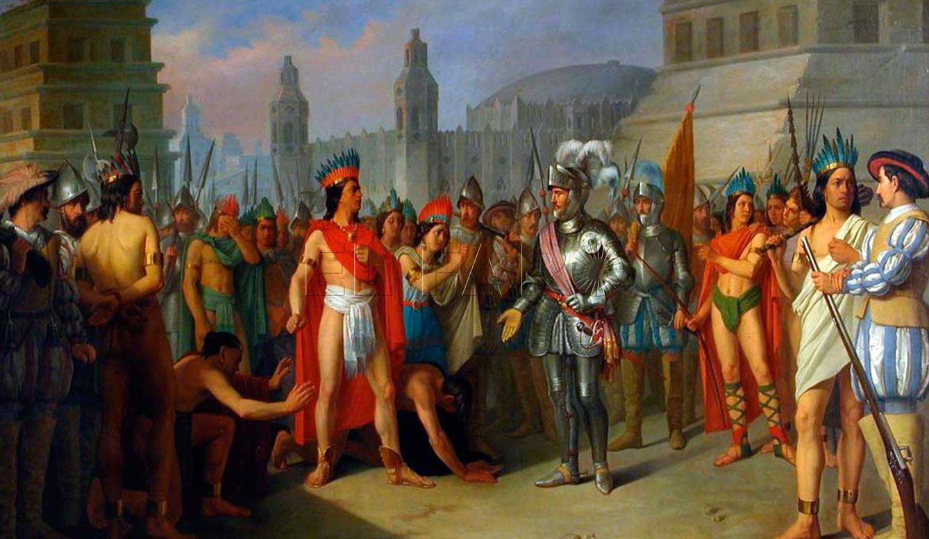 Representación idealizada del encuentro de Hernán Cortés con Moztezuma.