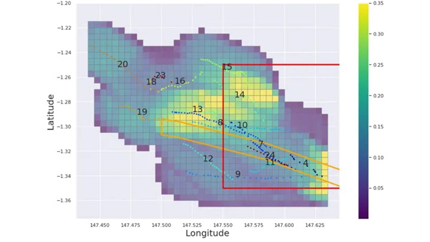 Zoom sobre la región muestreada alrededor de la trayectoria IM1 prevista (recuadro naranja) y la región de error DoD (recuadro rojo). Como referencia, los puntos representan las grabaciones GPS de la trayectoria del buque en diferentes recorridos numerados.