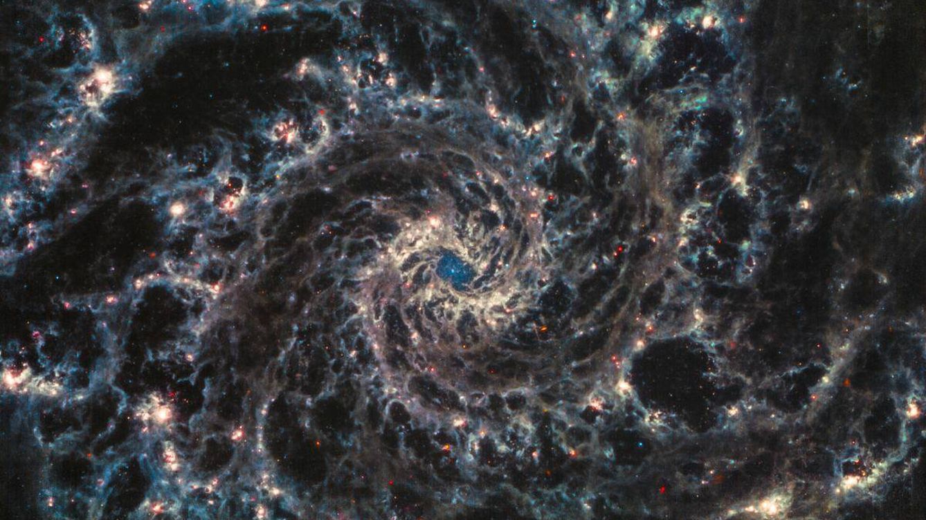 Foto: Nueva imagen de la Galaxia del Abanico capturada por el James Webb y procesada por Judy Schmidt. (Judy Schmidt/NASA)