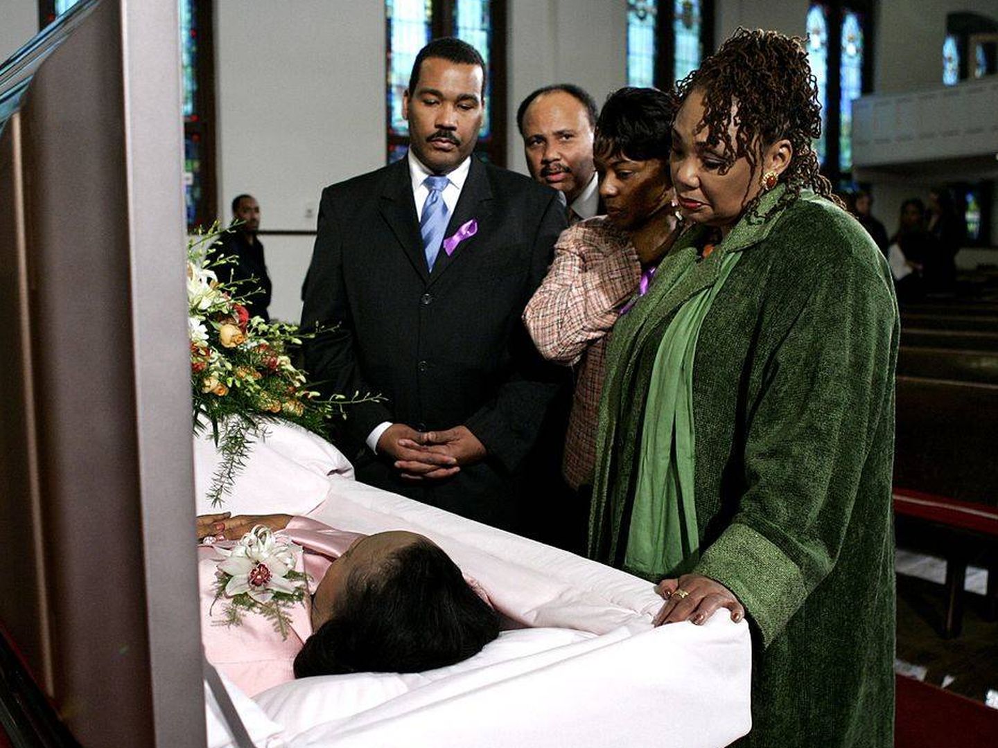 Los cuatro hijos de Martin Luther King, en el funeral de su viuda. (Getty)
