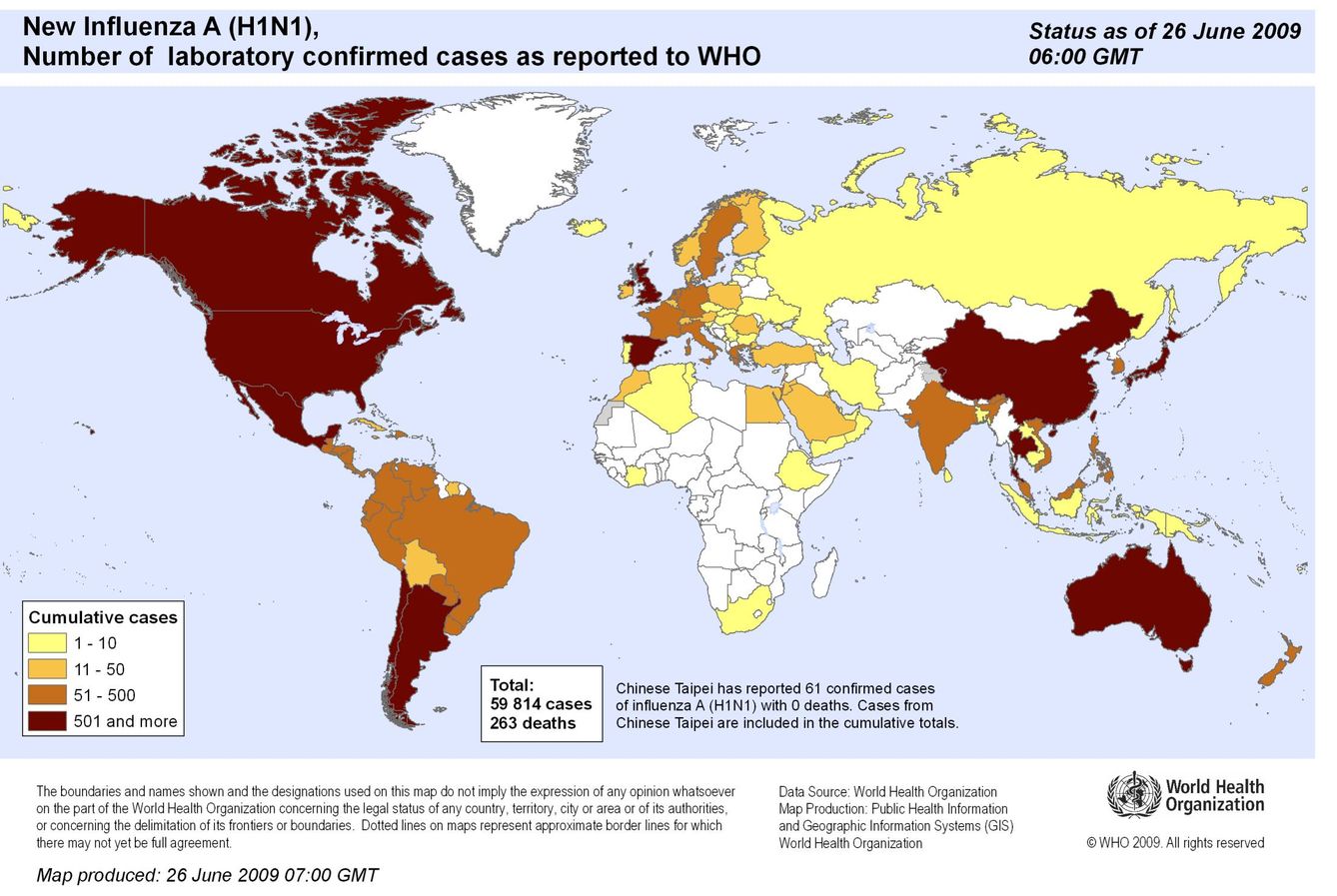 Mapa del impacto de la gripe A en junio de 2009. (OMS)