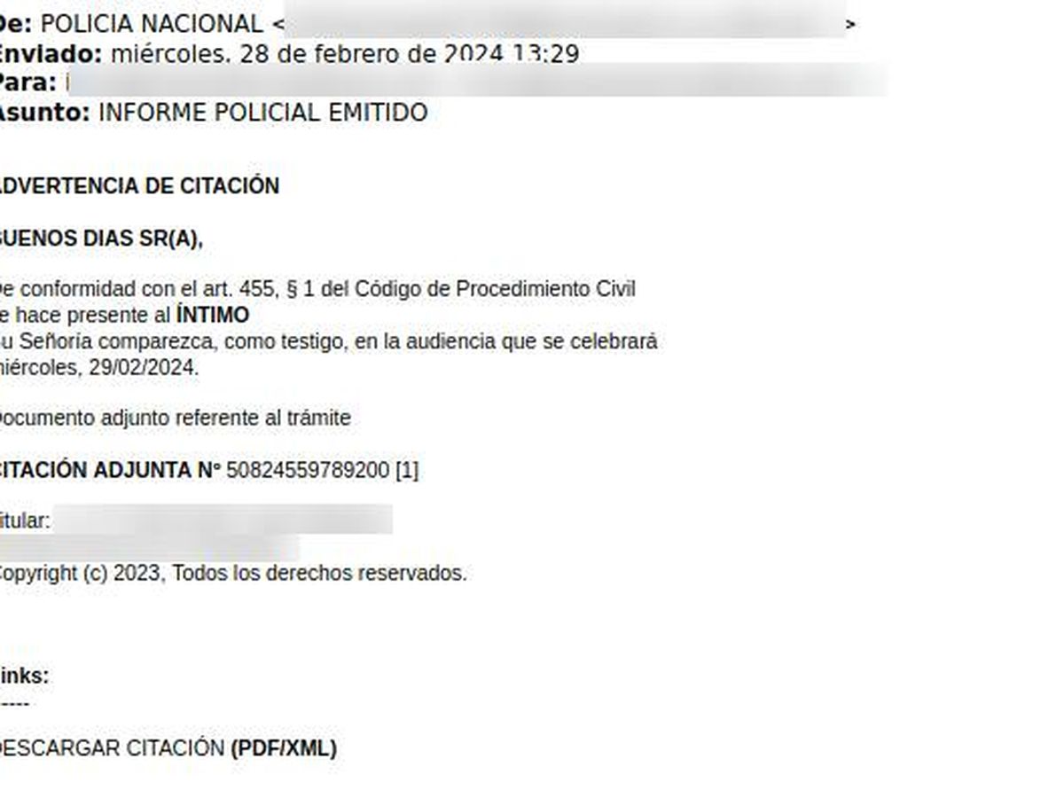 Foto: La Policía Nacional advierte: estos correos electrónicos les suplantan para que descarguemos 'malware' (INCIBE)
