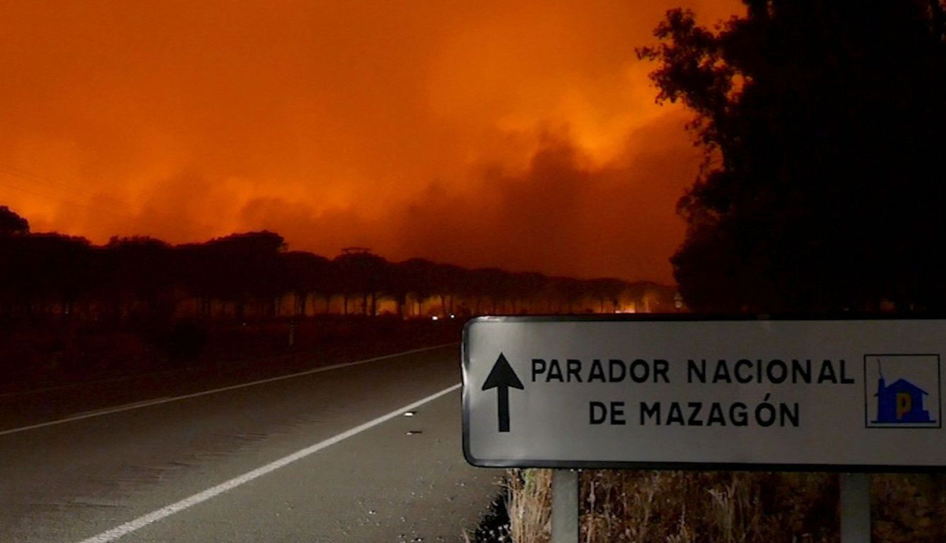 Imagen del incendio declarado anoche en el paraje La Peñuela de Moguer (EFE)