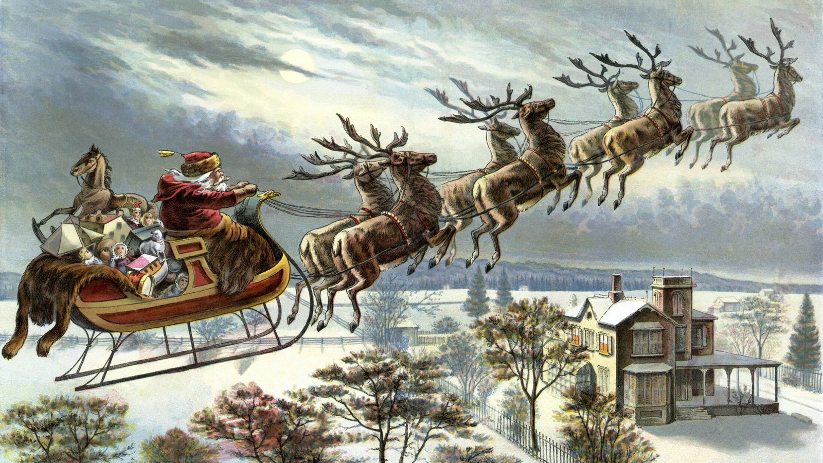 Ilustración de Papá Noel, en su trineo tirado por renos. (iStock)
