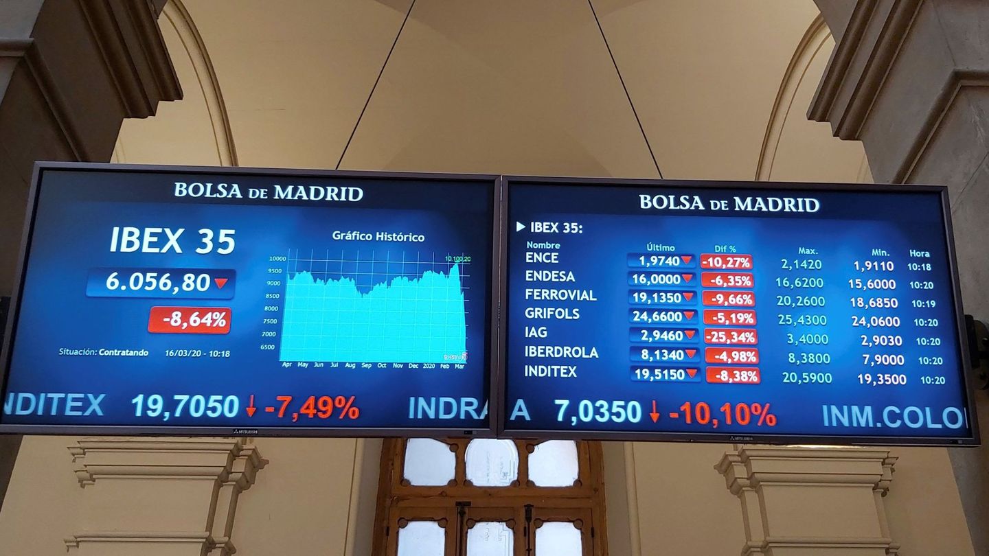 Pantallas del Ibex en la bolsa de Madrid, durante las caídas de estos días. (EFE)