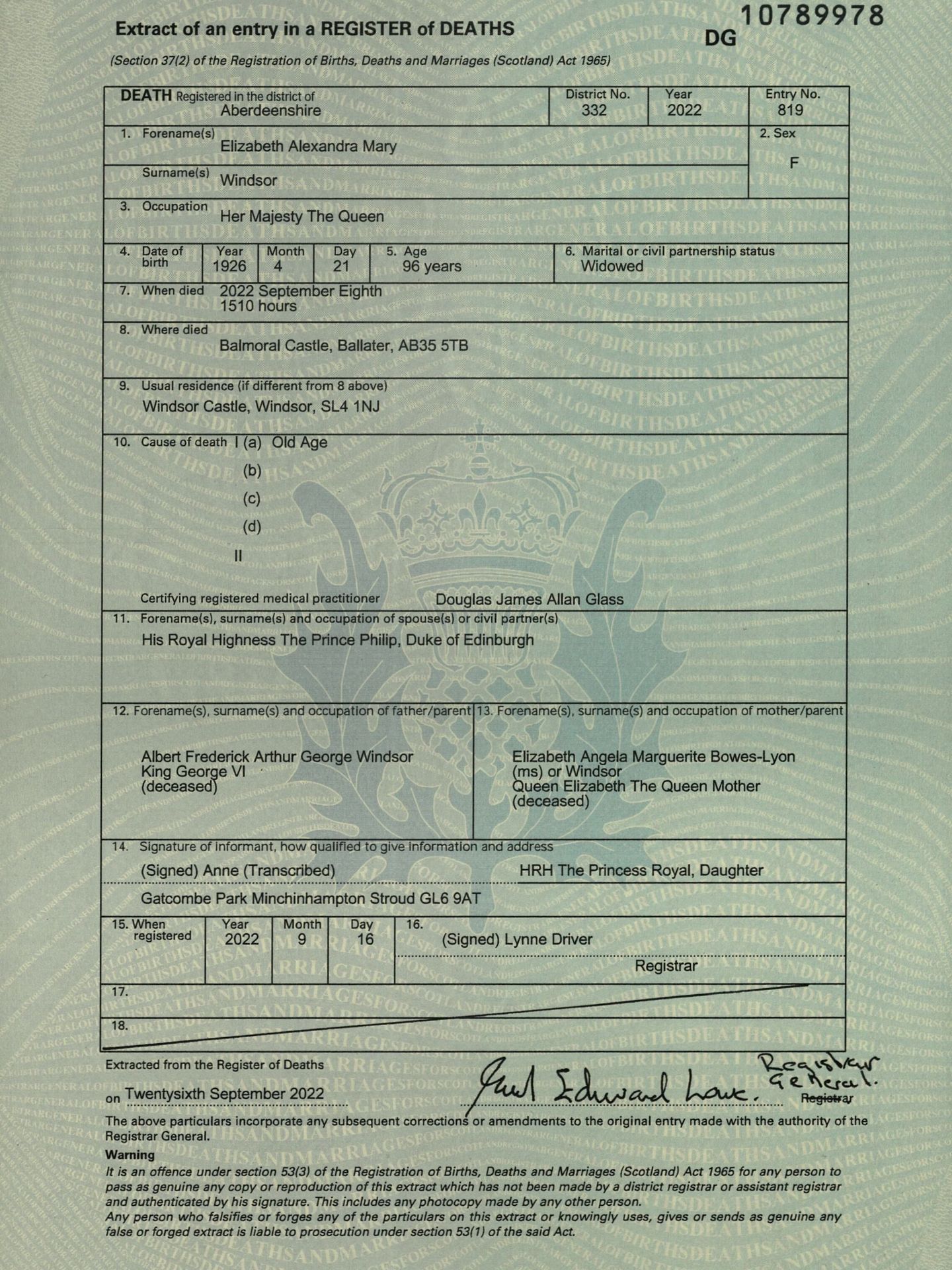 El certificado de defunción de la reina Isabel II. (Reuters)