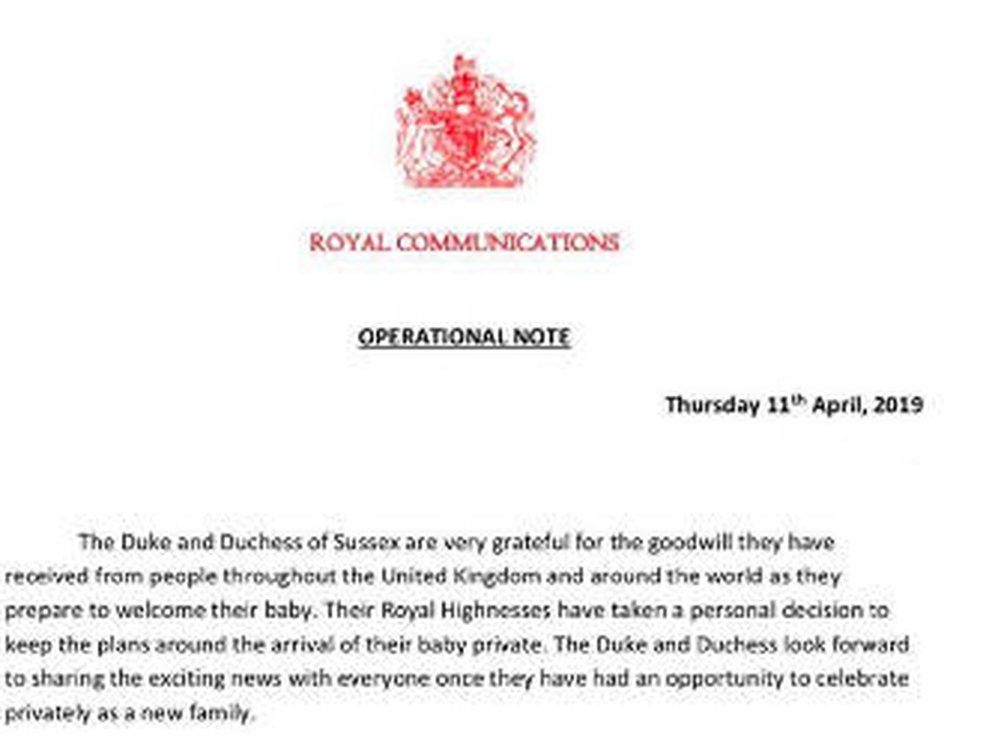 Comunicado oficial de Buckingham Palace.