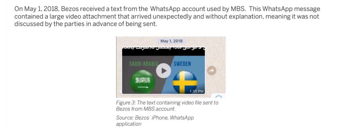 Extracto del informe que muestra un pantallazo del vídeo que recibió Bezos. (Foto: VICE)