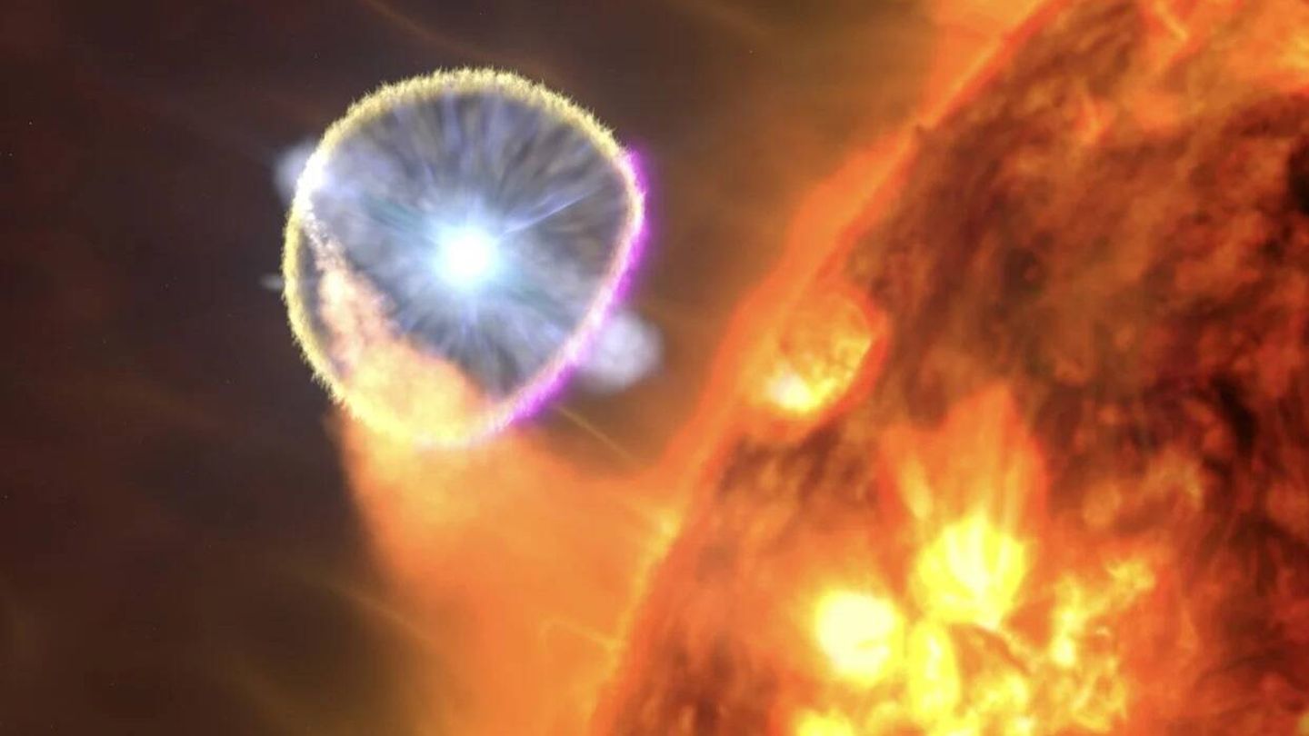 Imagen conceptual de la nova que tendrá lugar en el sistema estelar binario T Coronae Borealis. 