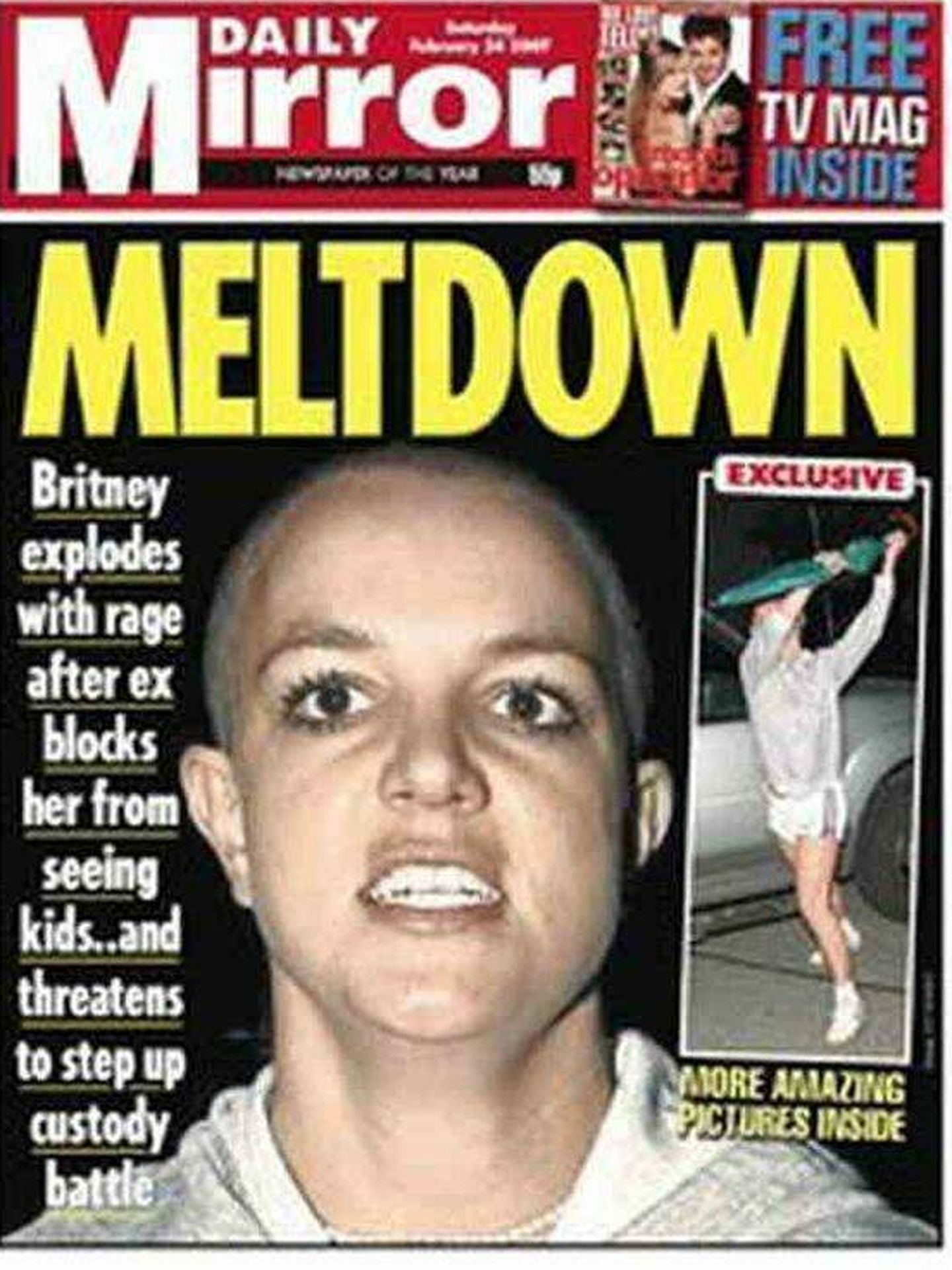 Britney Spears, con el cabello rapado en la portada del 'Daily Mirror' en 2007.