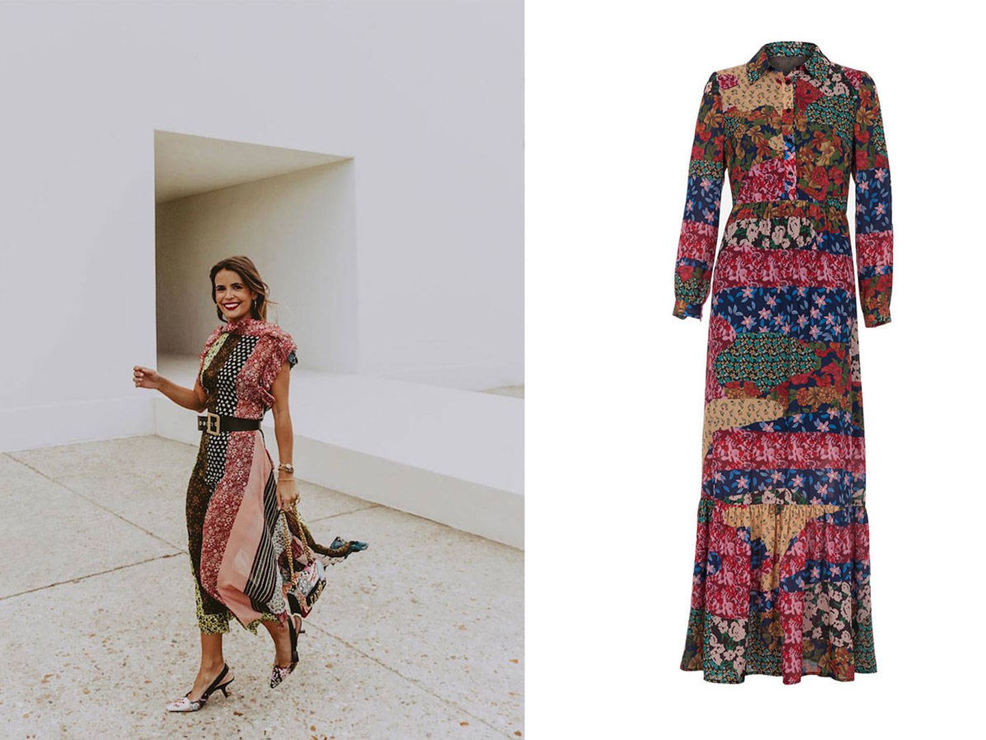 La influencer @collagevintage vestida con un singular diseño de Dior. Tú también puedes copiar su estilo con este modelo de Mioh. (Imágenes: Instagram y Cortesía de la marca)