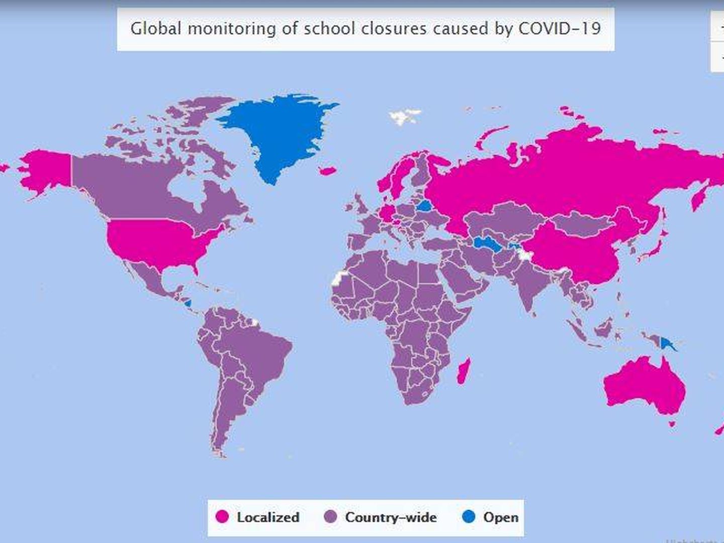 Cierres de escuelas en el mundo. En morado, totales. En fucsia, parciales. (UNESCO)