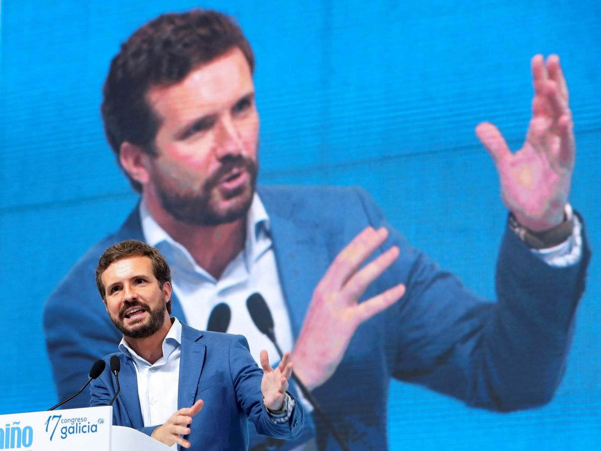 Foto: El líder del Partido Popular, Pablo Casado, durante su intervención en la clausura del 17º congreso del PP de Galicia. (EFE)