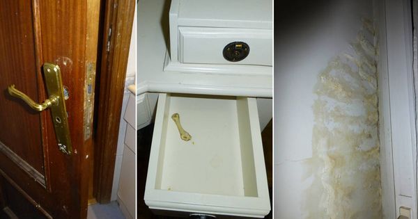 Foto: Daños ocasionados en puertas y paredes de la casa junto al hueso que apareció en un cajón. (Foto: EC)