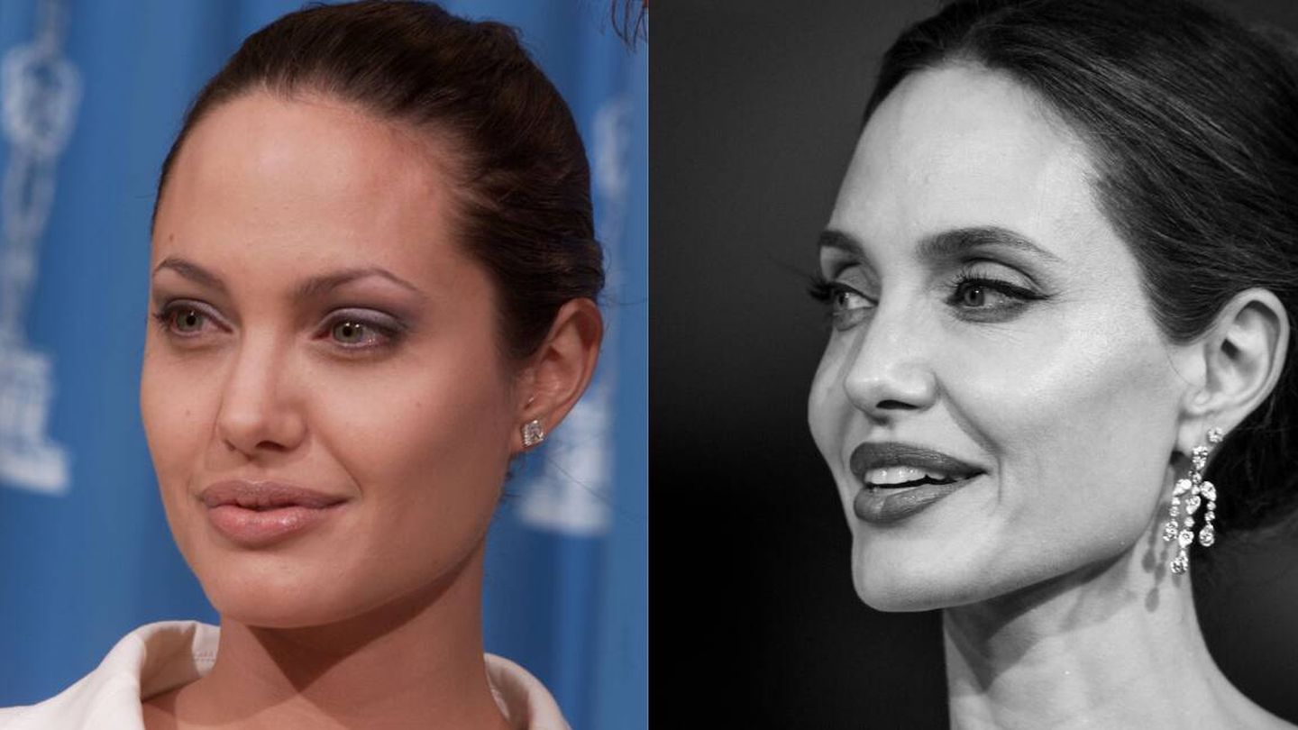 Angelina Jolie, antes y después de la rinoplastia. (Getty)