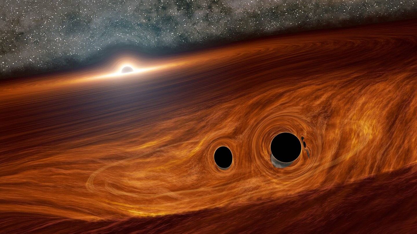 Dos agujeros negros fusionándose dentro de un disco de gas con otro agujero negro supermasivo al fondo. (NASA)