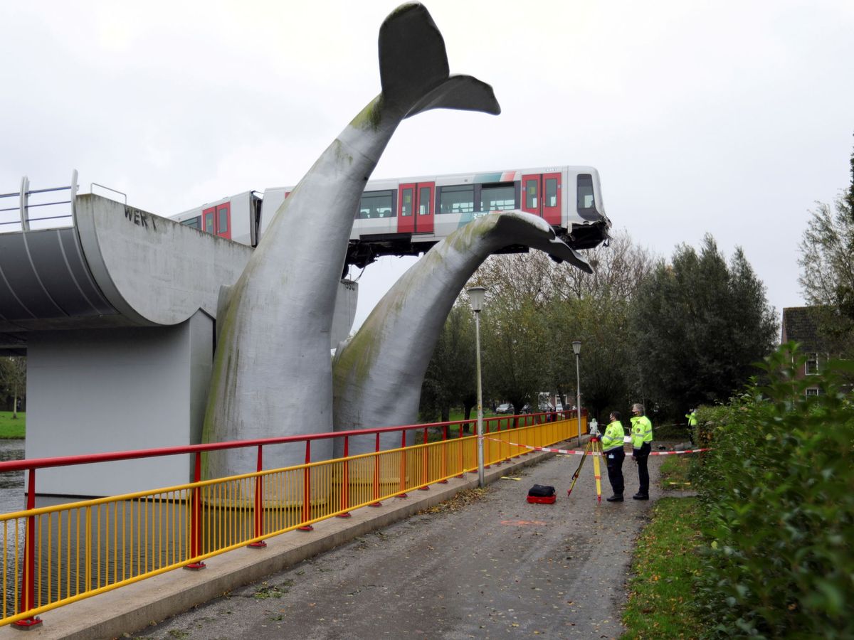 Foto: El tren quedó colgado sobre la estatua de la cola de la ballena (Reuters/Eva Plevier)
