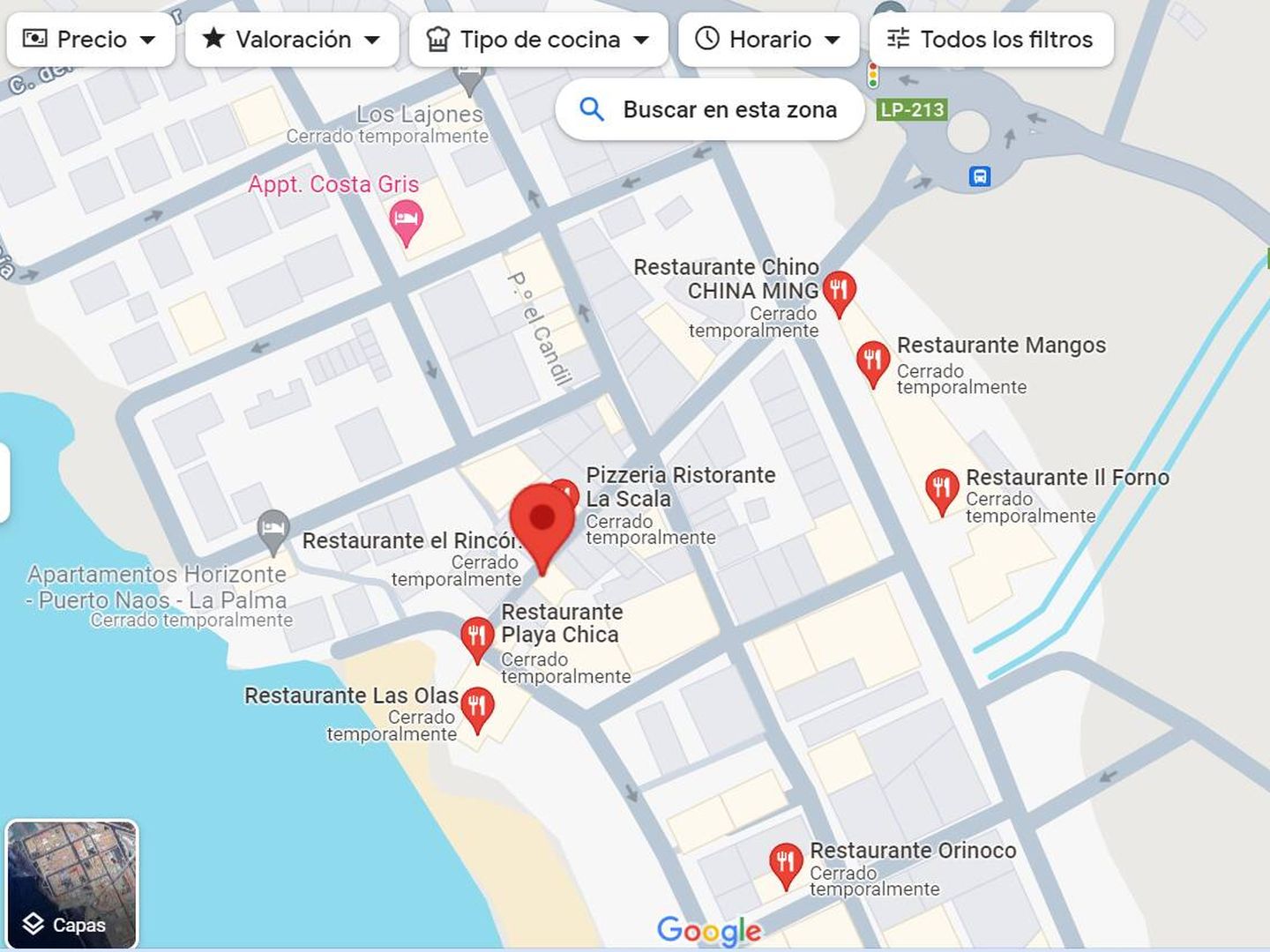 Google Maps muestra los locales cerrados 'temporalmente' en Puerto Naos