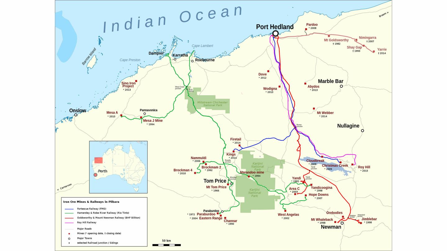 Plano de las líneas de ferrocarril que van hasta Port Hedland. En azul, la de Fortescue (Wikipedia/CC)