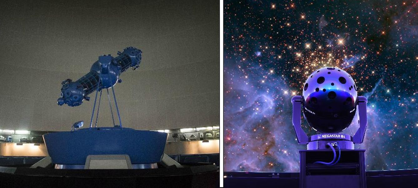 A la izquierda, sistema planetario actual en Madrid (Foto: Salvador Fenoll), y a la derecha, la nueva tecnología que llegará en 2016. (Cedida por Planetario de Madrid)