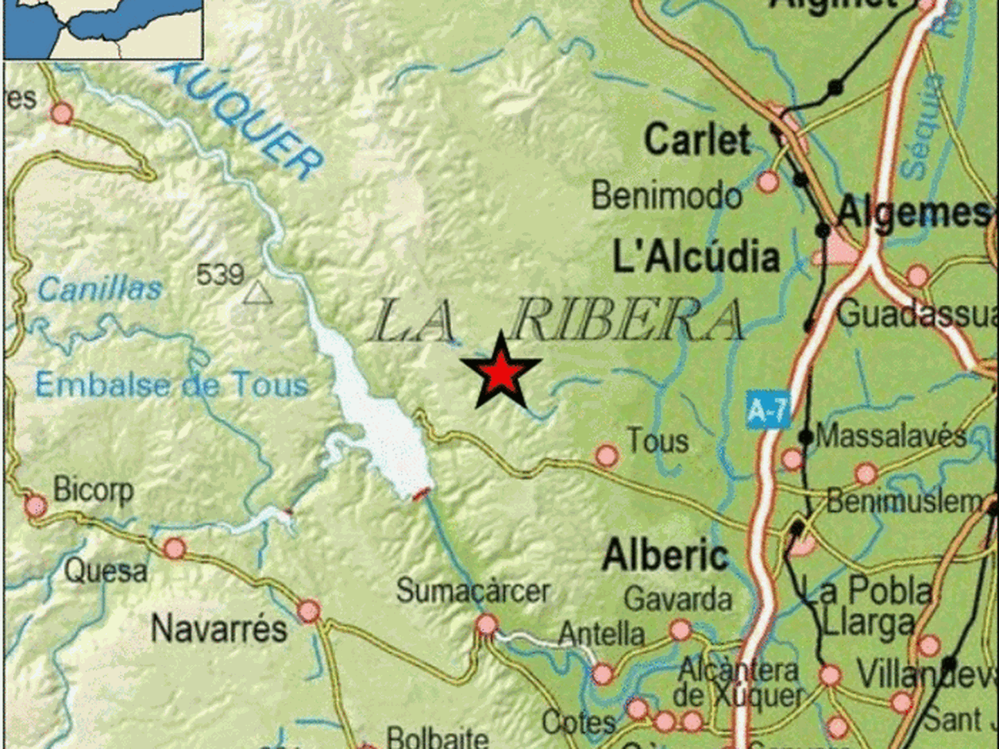 Epicentro del terremoto en las proximidades de Tous. (IGN)