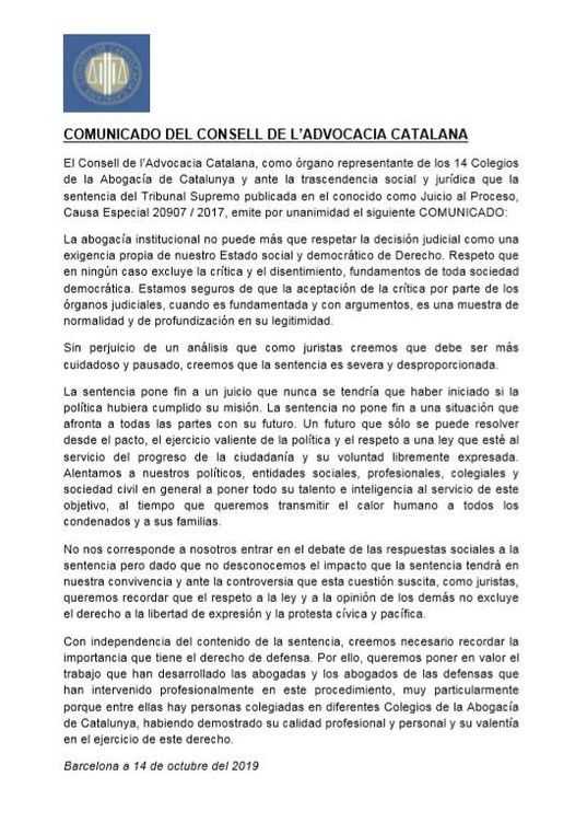 Pinche para leer el comunicado del Consejo de la Abogacía Catalana.