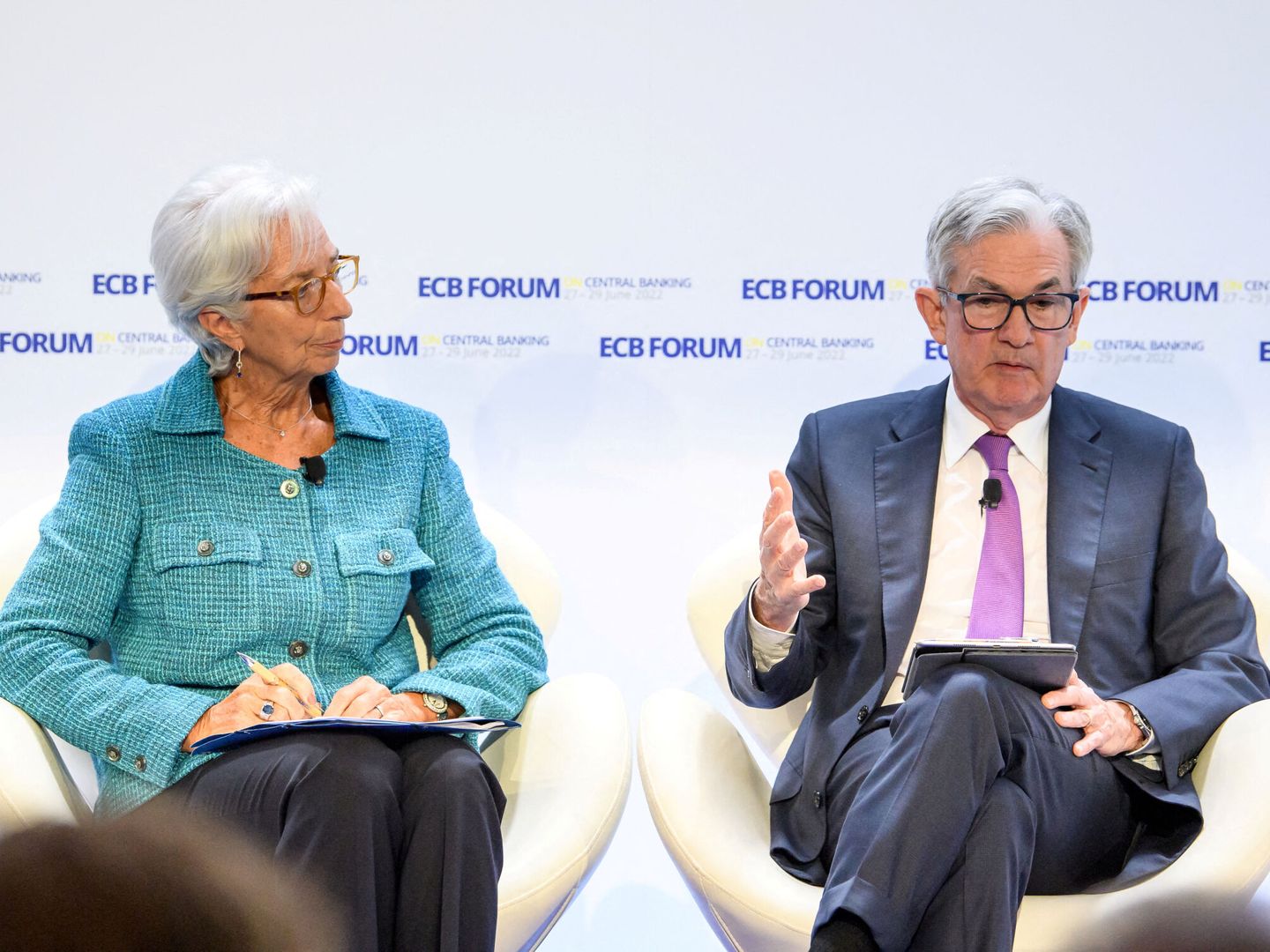 La presidenta del BCE, Christine Lagarde, y el presidente de la Reserva Federal, Jerome Powell. (Reuters)