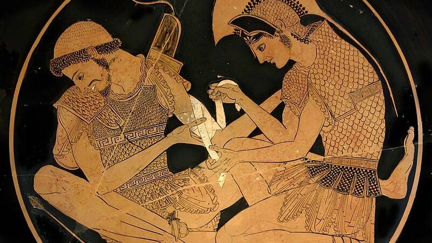 Aquiles vendando a Patroclo, dos de los héroes en la historia de la guerra de Troya.