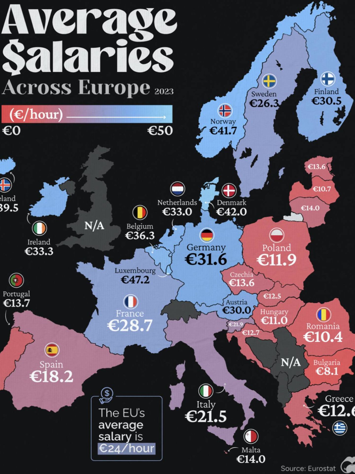 El mapa completo del salario bruto por hora dentro de la UE (Visual Capilatist)