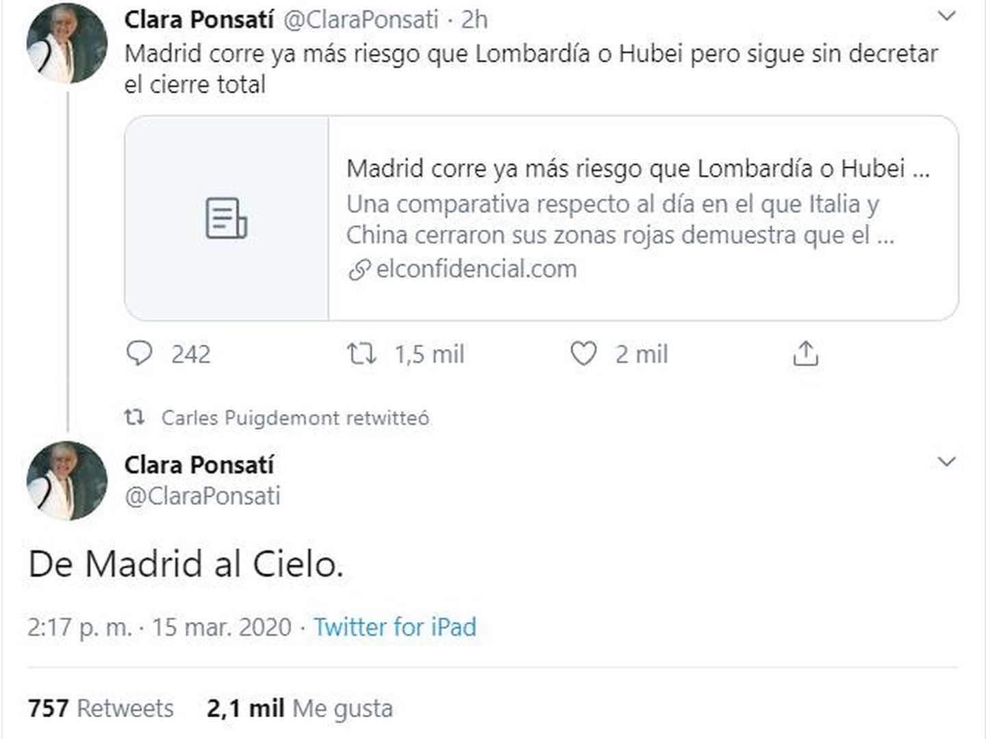 Imagen del tuit de Ponsatí, que finalmente decidió eliminar.