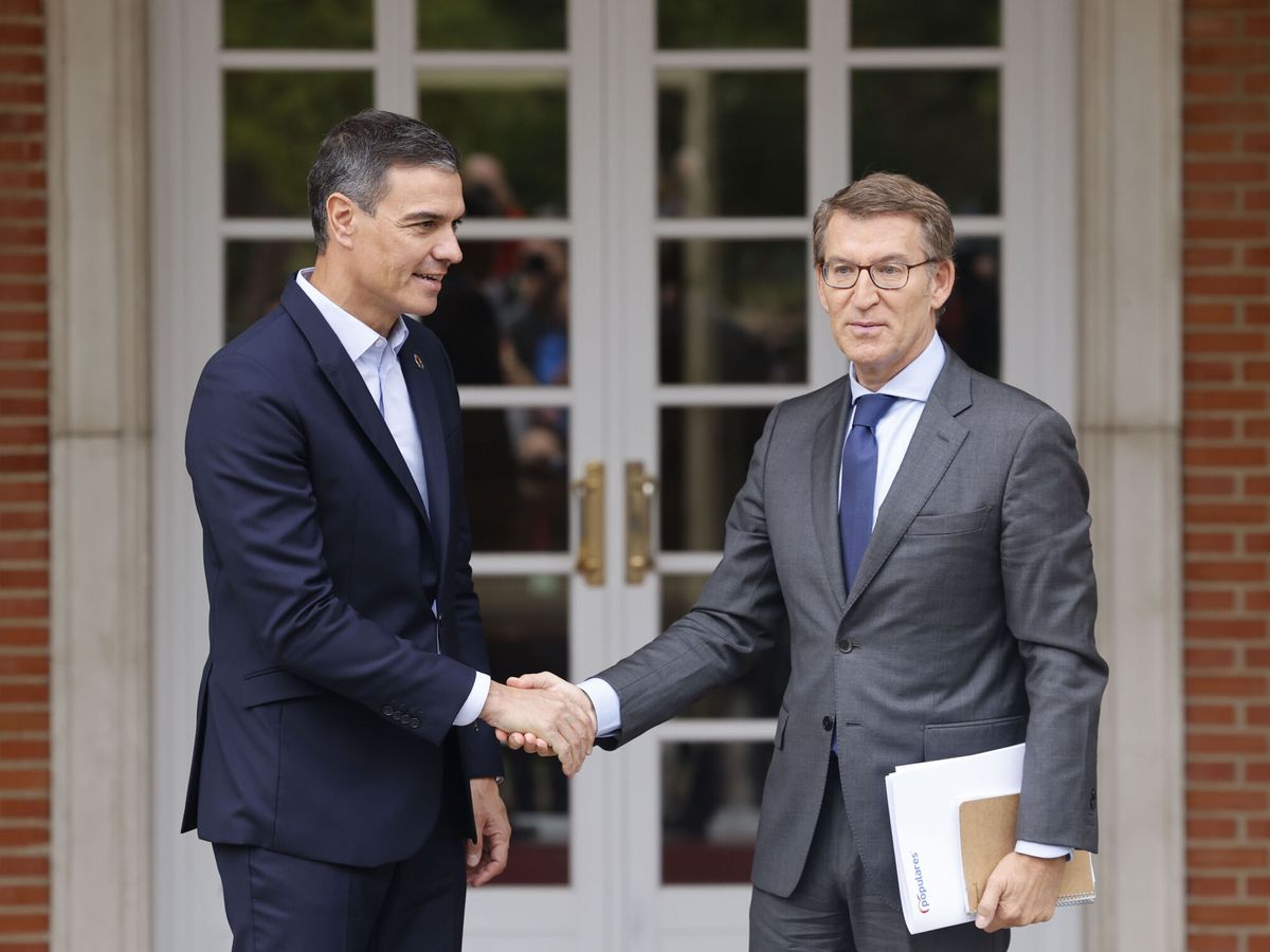 Foto: El presidente del Gobierno, Pedro Sánchez, recibe a al líder del PP, Alberto Núñez Feijóo, en la Moncloa. (EFE/Sergio Pérez)