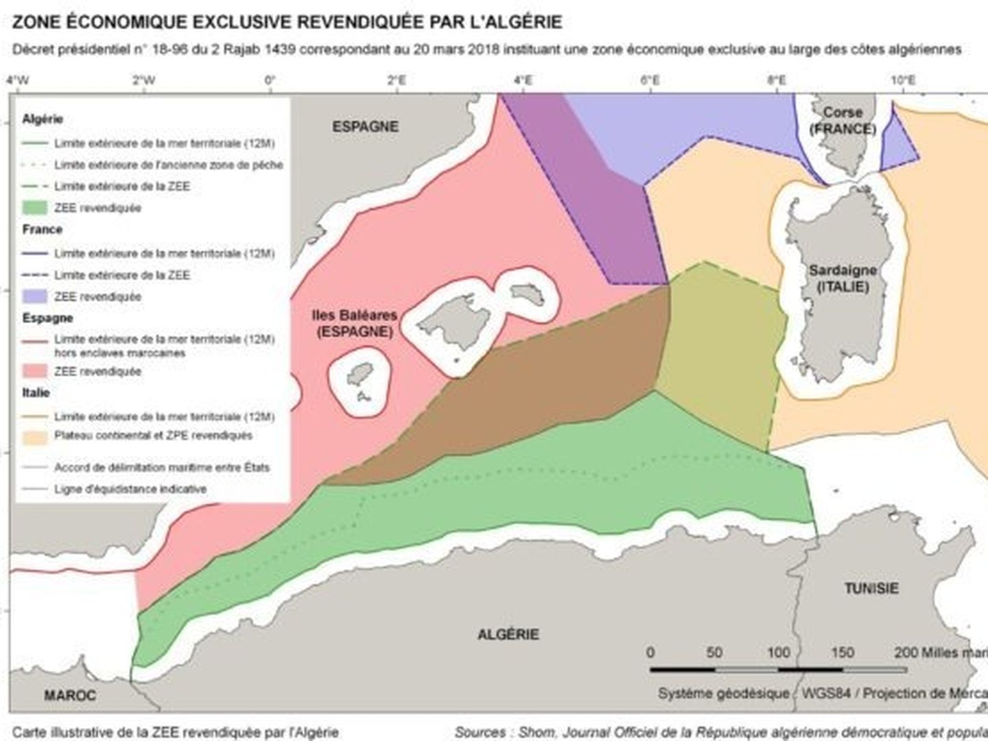 Uno de los polémicos mapas argelinos que reflejan las zonas marítimas y económicas de España, Italia y Argelia, con las nuevas pretensiones argelinas.
