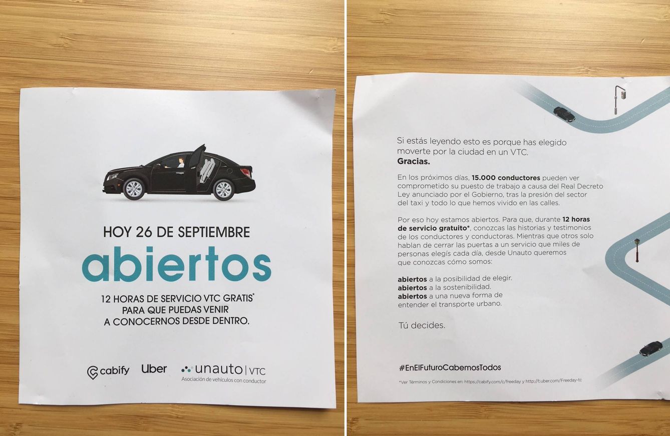 Panfleto que reparten los conductores de Uber y Cabify. (Foto: A. P.)