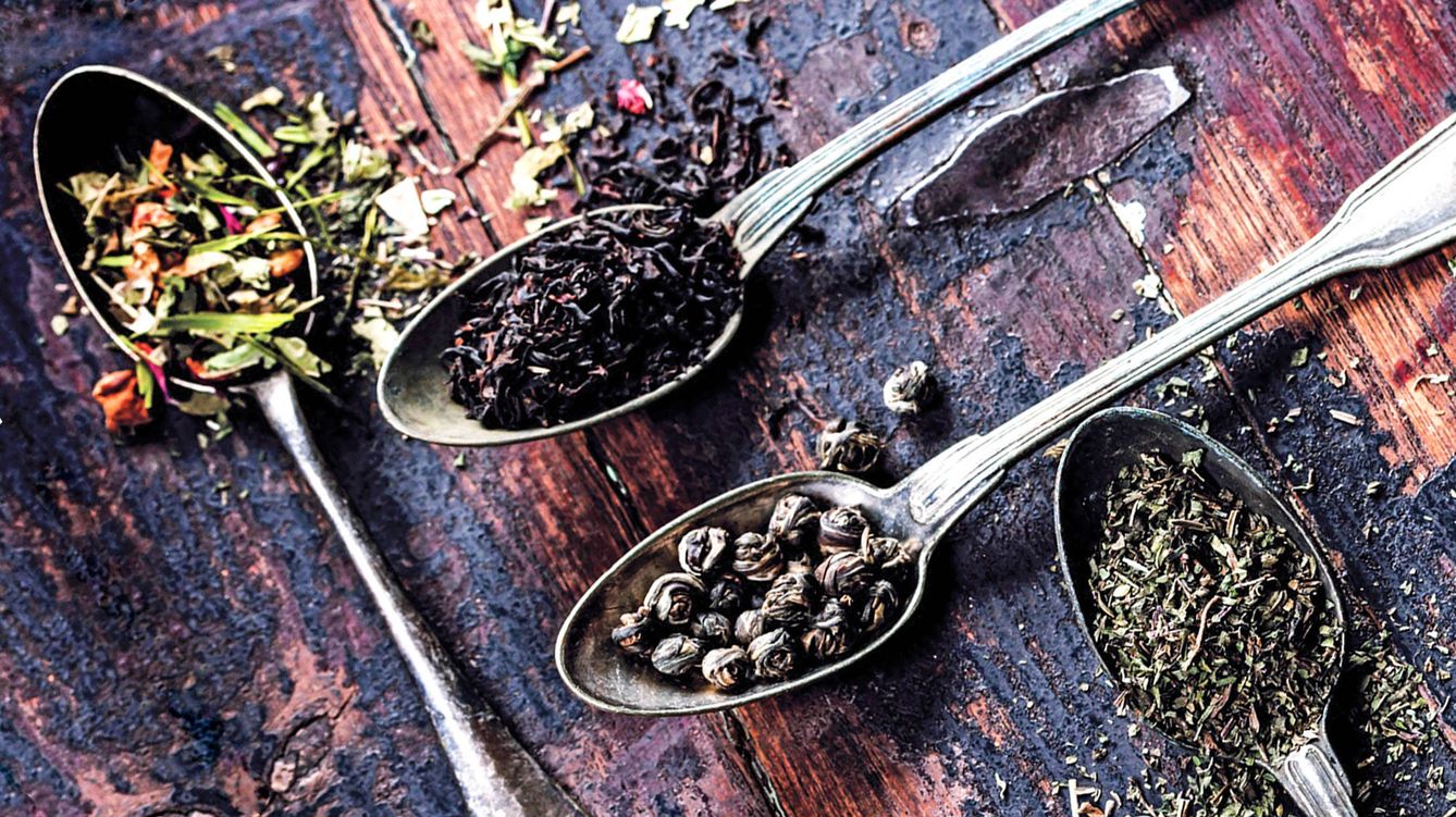 Foto: Cuatro tipos de té: verde suave, negro especiado, enrollado en pequeñas esferas que se abren en contacto con el agua caliente, y una mezcla oscura con flores y frutas. 