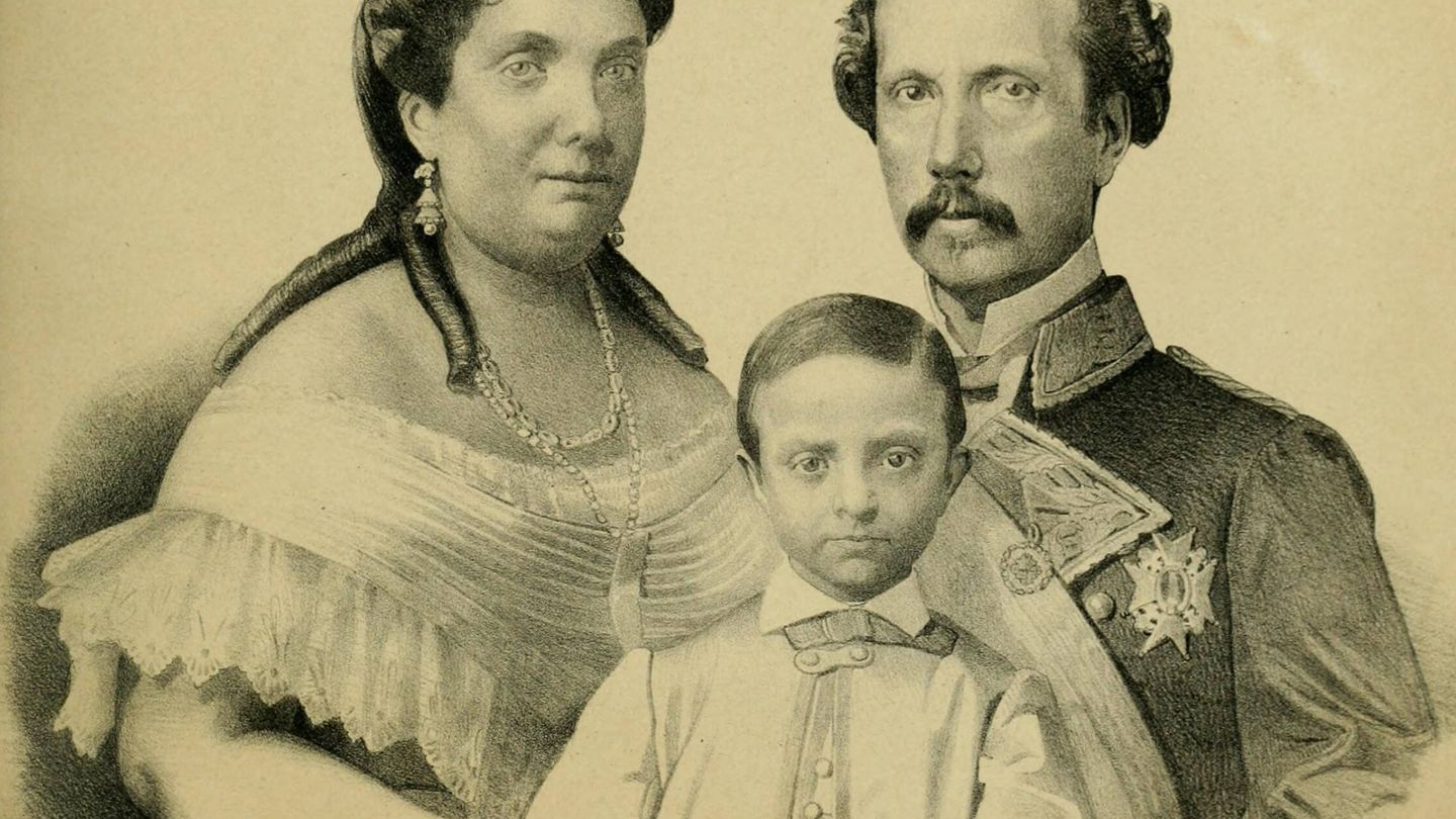 Retrato del un joven príncipe Alfonso junto a su madre Isabel II y su padre putativo Francisco de Asís de Borbón
