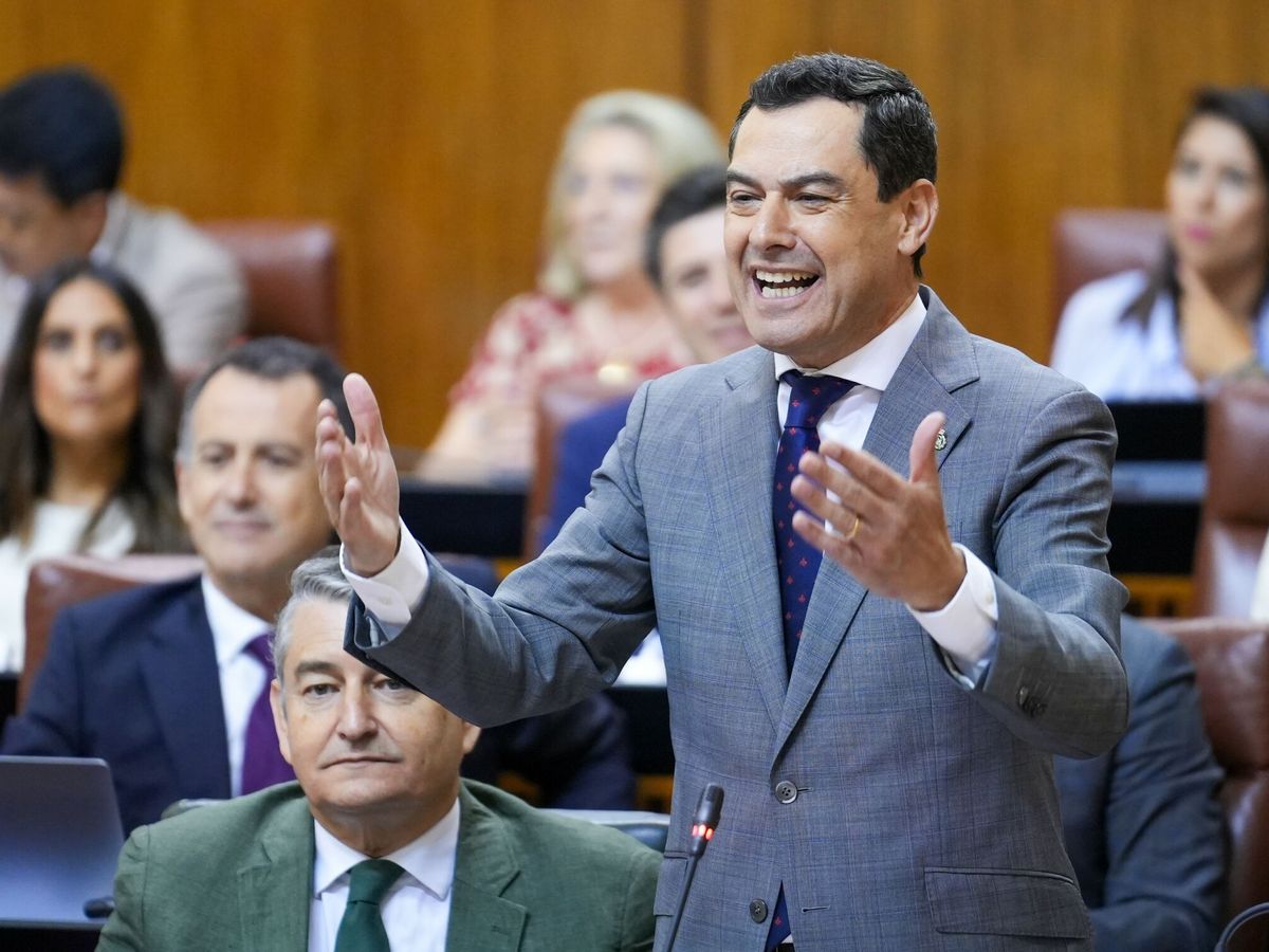 Foto: Juanma Moreno gesticula durante la sesión de control en el Parlamento de Andalucía. (Europa Press/Francisco J. Olmo)