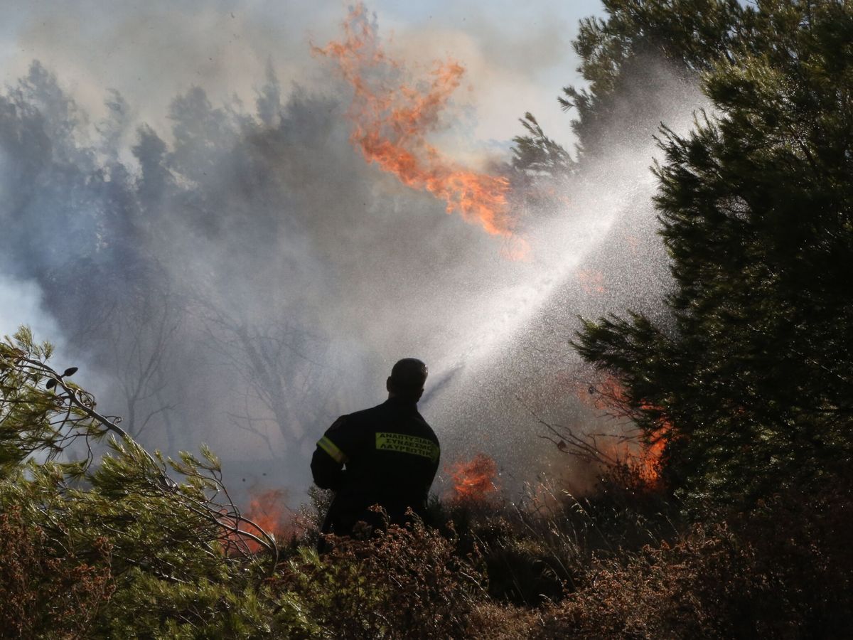 Foto: Bombero intenta extinguir un incendio forestal en imagen de archivo. (EFE/Orestis Panagiotou)