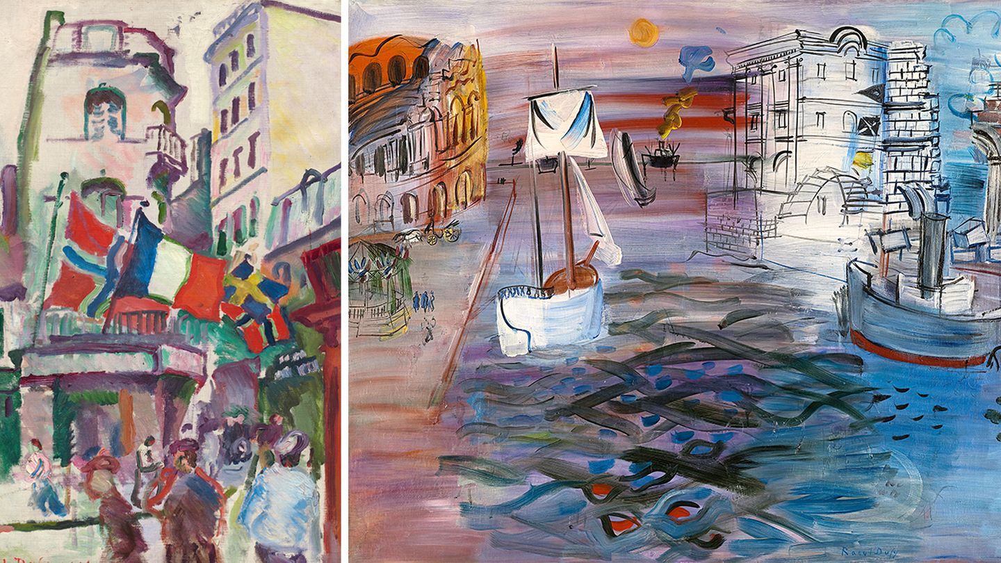 Comparativa de la trayectoria de Dufy: a la izquierda, 'El Havre' (1906); a la derecha, 'Puerto con velero' (1935). 