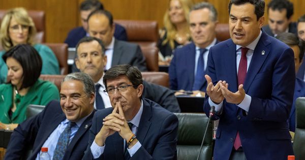 Foto: El presidente andaluz, Juanma Moreno, junto al vicepresidente, Juan Marín, y el consejero de la Presidencia, Elías Bendodo. (EFE)