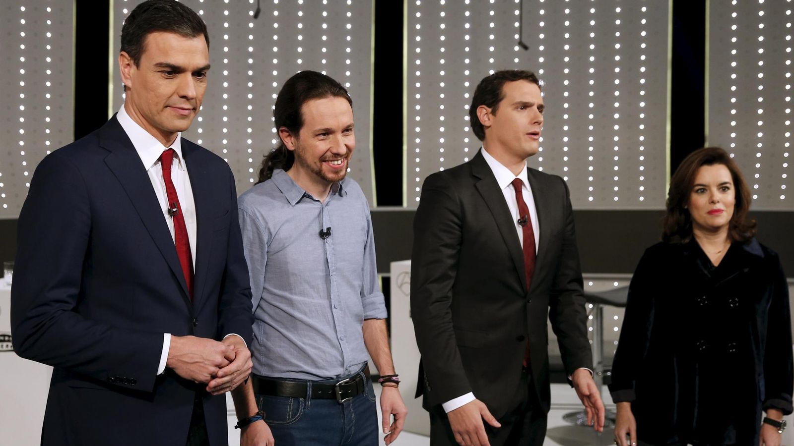 Foto: Pedro Sánchez, Pablo Iglesias, Albert Rivera y Soraya Sáenz de Santamaría este lunes en el debate de Atresmedia. (Reuters)