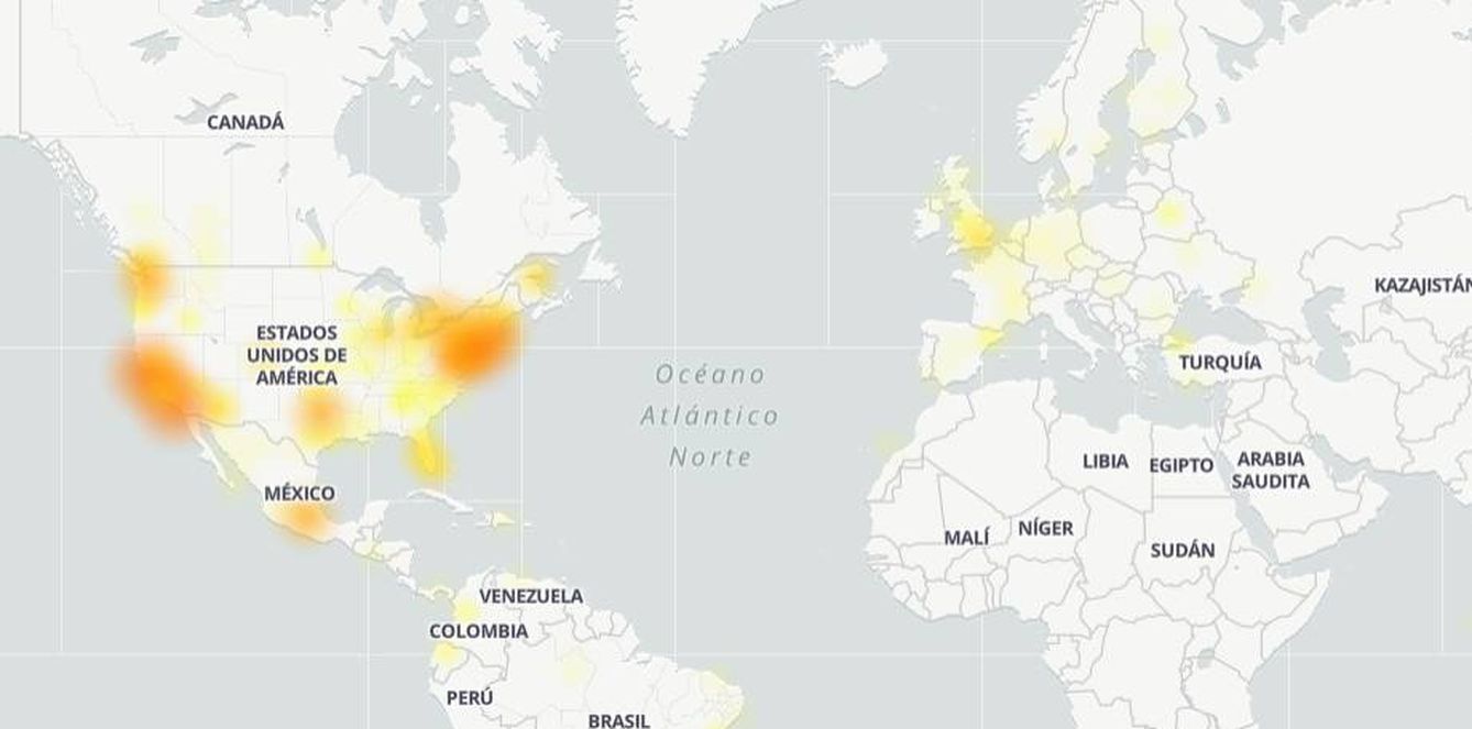 Mapa que muestra dónde se están reportando los errores (downdetector.es)