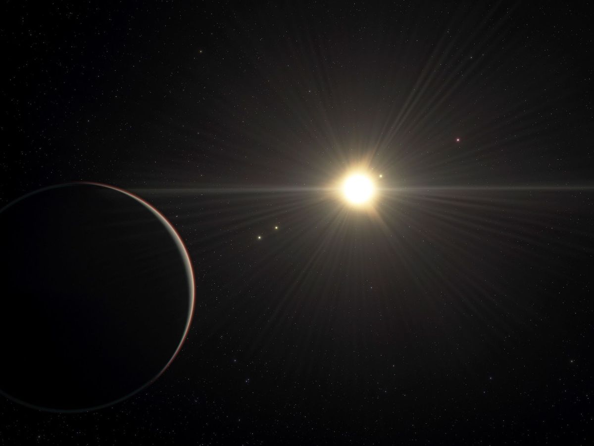 Foto: Representación artística que muestra la vista desde el planeta del sistema TOI-178, que tiene la órbita más alejada de la estrella