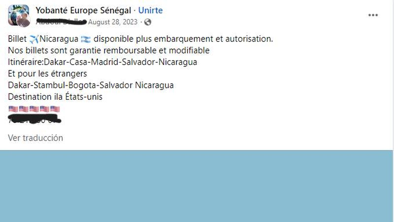 Oferta de viaje desde Senegal colgada en Facebook. Hay opciones para senegales o para extranjeros con visado de tránsito en España.