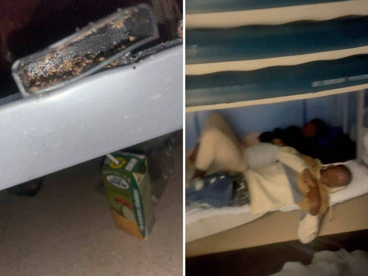 Foto: Insectos y restos de suciedad en una de las salas (i) y migrantes durmiendo en otra de las habitaciones de asilo e inadmitidos de Barajas. (EC)